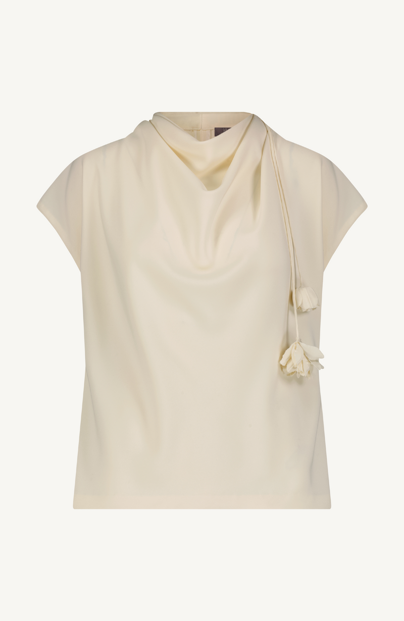 Fluid Crepe Drop Flower Cowl Neck Top