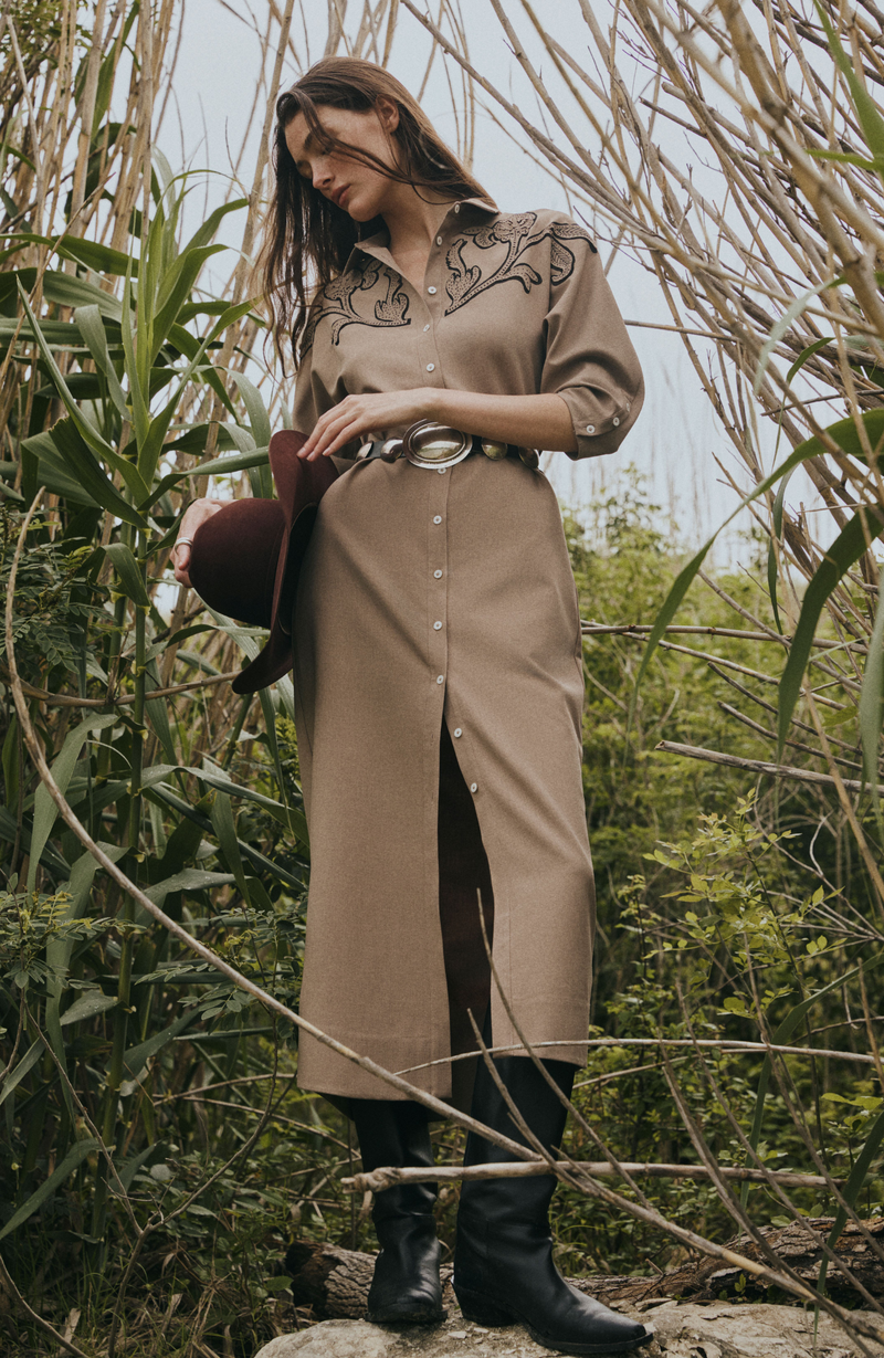 Floral Inlaid Melange Crepe Shirtdress