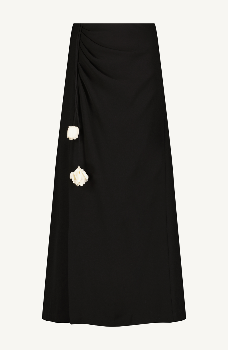 Fluid Crepe Drop Flower Ruched Skirt
