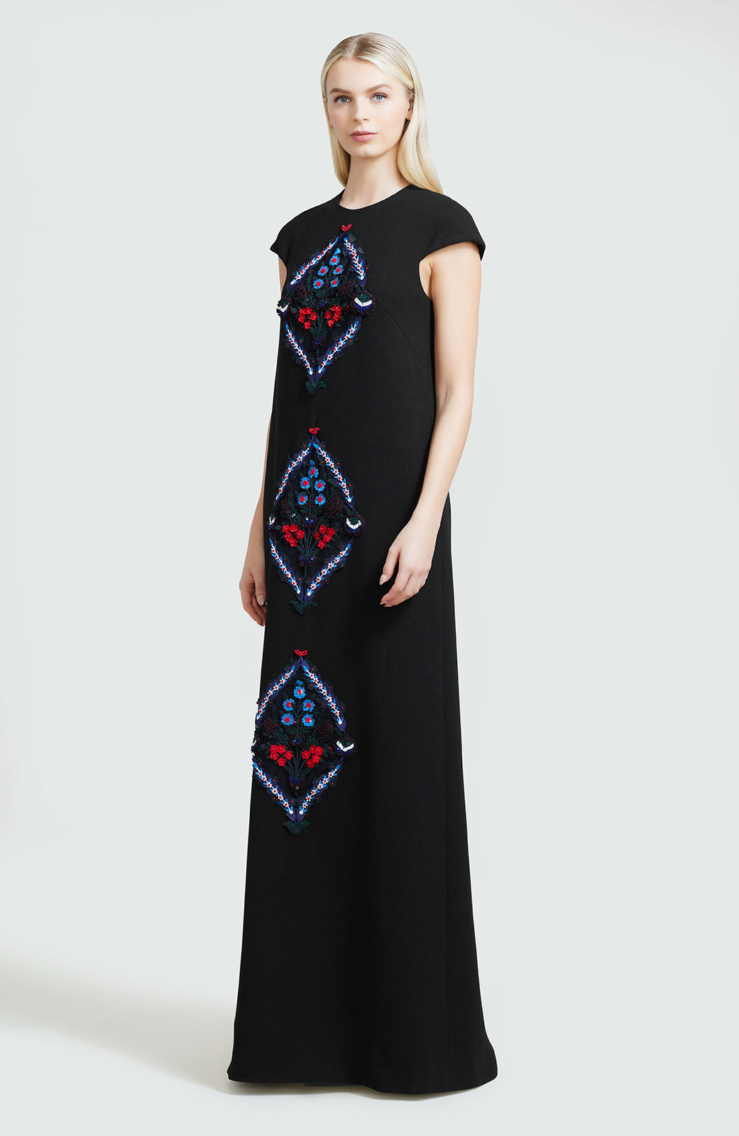 Embroidered Wool Crepe Cap Sleeve Caftan Gown