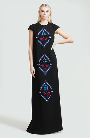 Embroidered Wool Crepe Cap Sleeve Caftan Gown