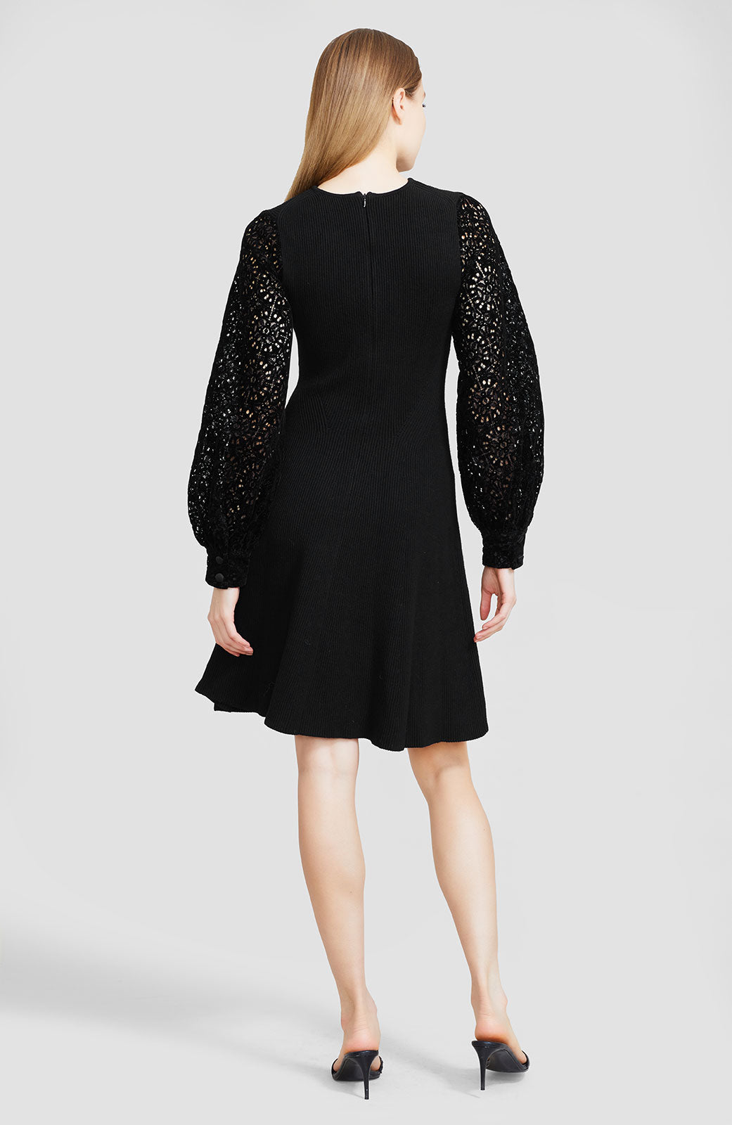 Rib Knit Fit and Flare Dress with Flocked Velvet Lace Sleeves