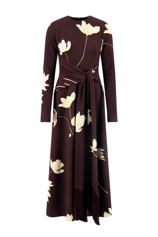Floral Printed Crepe Long Sleeve Tie Waist Dress
