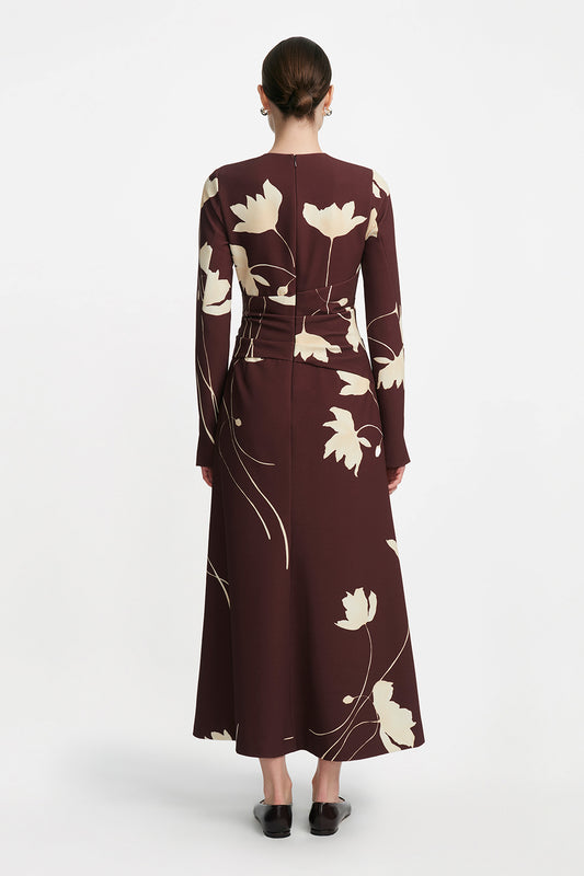 Floral Printed Crepe Long Sleeve Tie Waist Dress