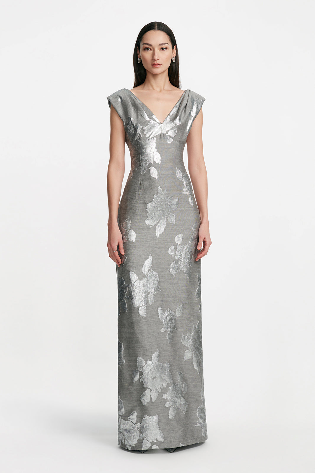 Floral Fil Coupe V Neck Gown