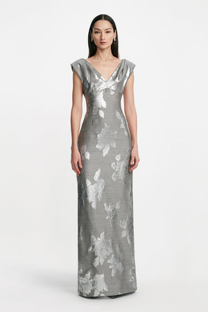 Floral Fil Coupe V Neck Gown