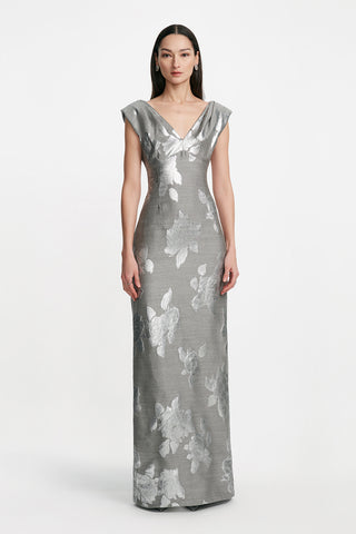 Floral Fil Coupe V Neck Gown