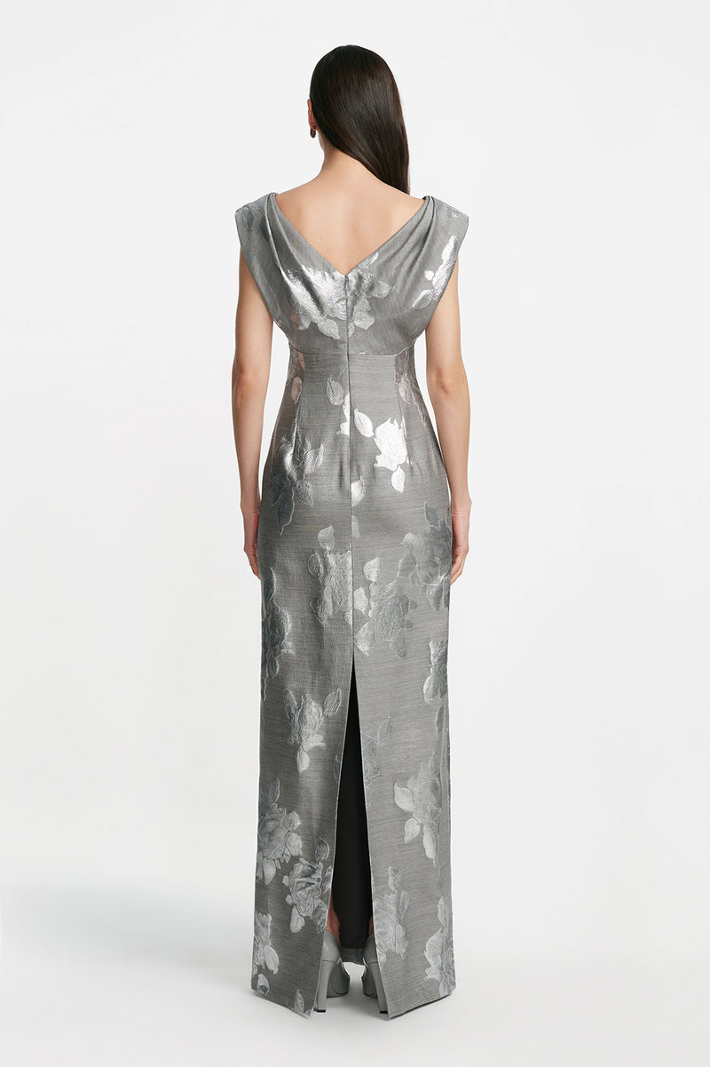 Floral Fil Coupe V Neck Gown