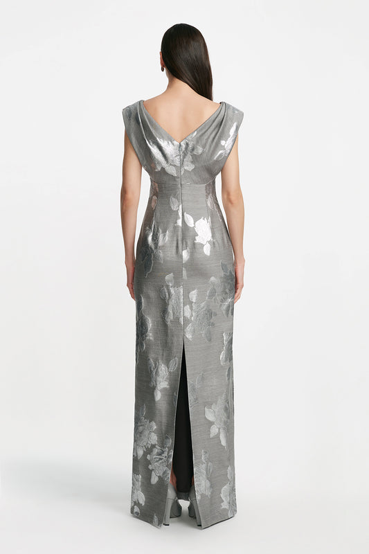 Floral Fil Coupe V Neck Gown