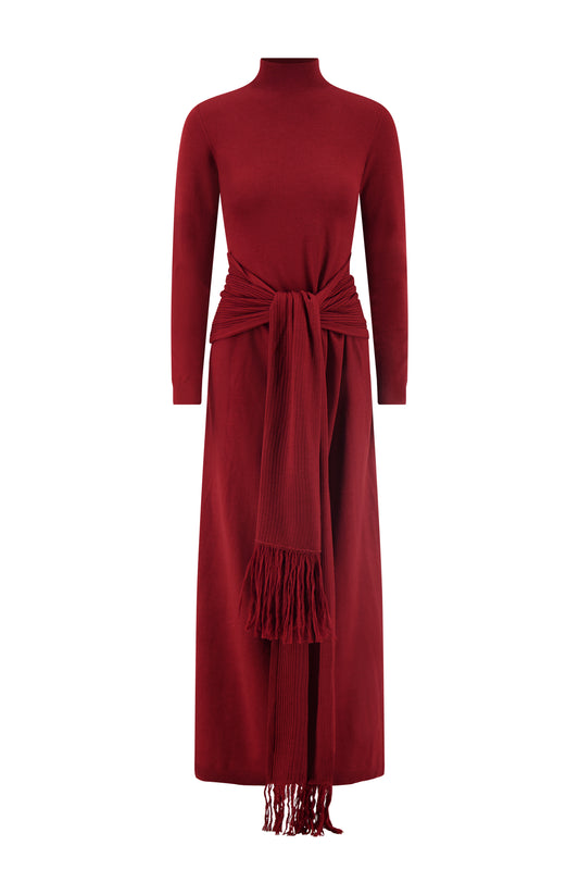 Merino Wool Knit Mock Neck Wrap Dress