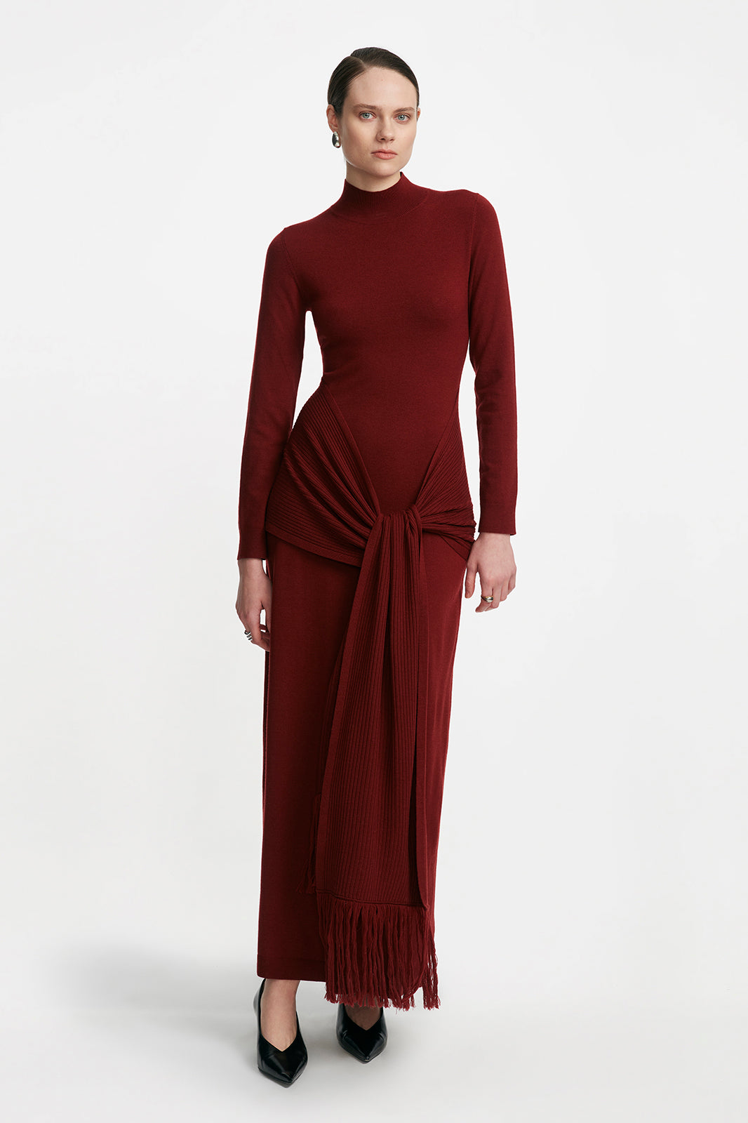 Merino Wool Knit Mock Neck Wrap Dress