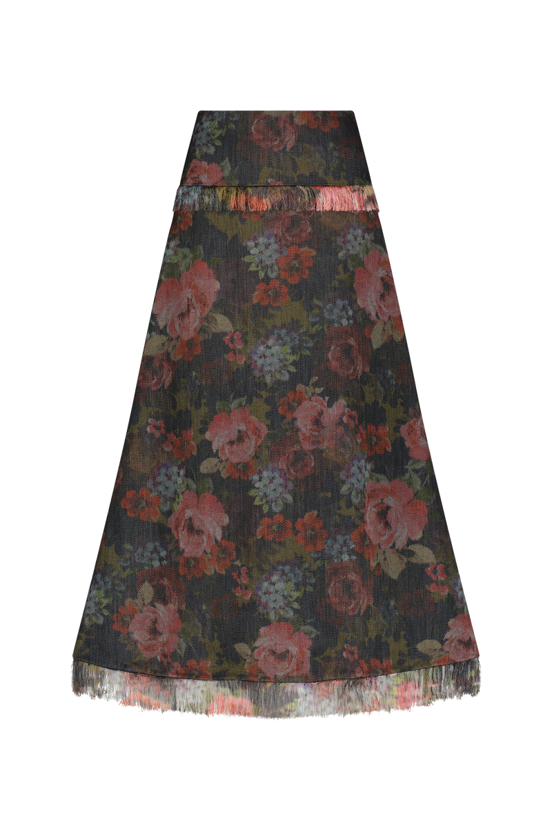 Floral Denim Fringe Detail Skirt
