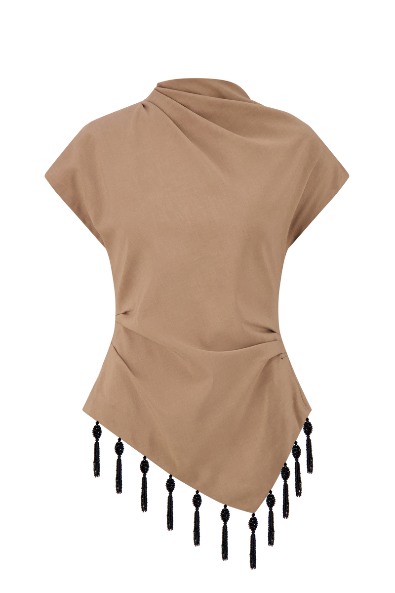 Melange Crepe Tassel Embroidered Top