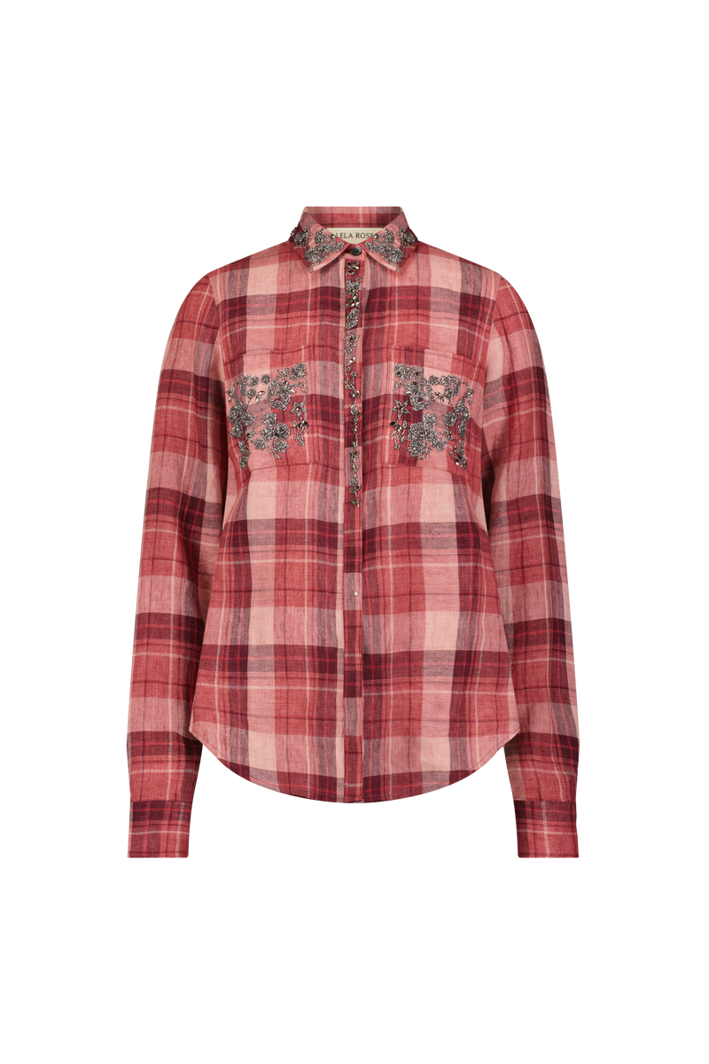 Plaid Linen Metallic Embroidered Shirt