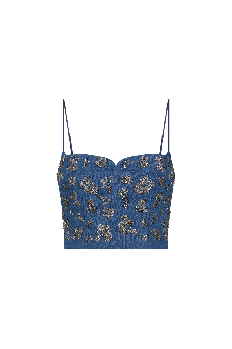 Denim Metallic Embroidered Bustier