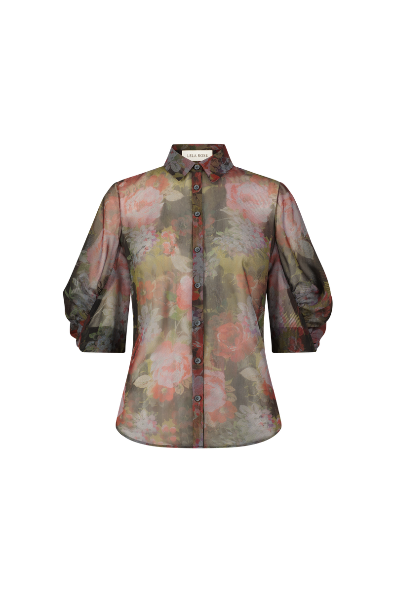 Floral Printed Chiffon Shirred Sleeve Top
