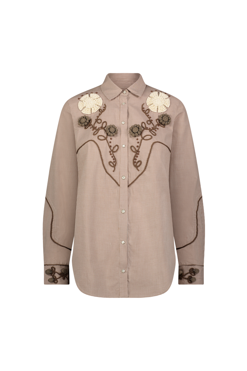 Ribbon Embroidered Mini Check Cotton Shirt