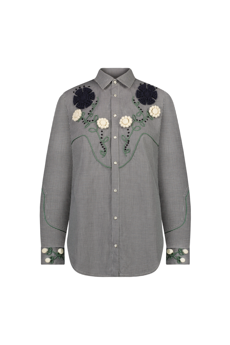 Ribbon Embroidered Mini Check Cotton Shirt