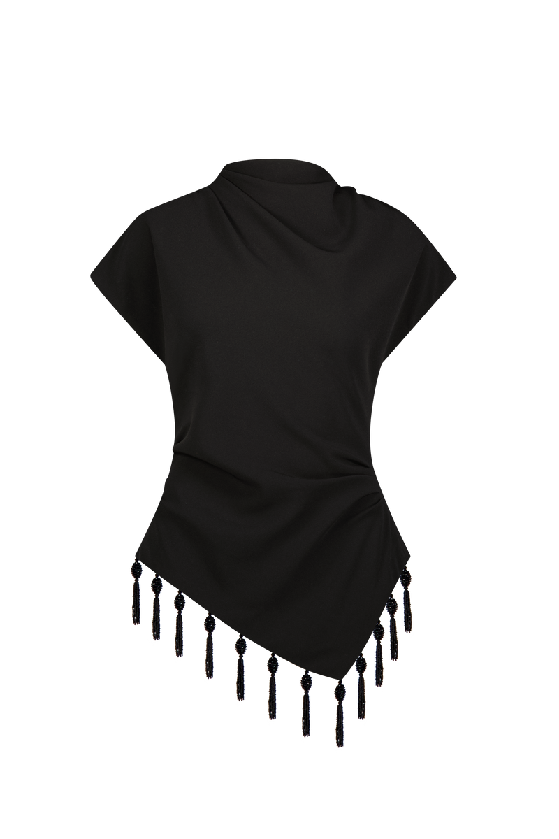 Tassel Embroidered Fluid Crepe Top