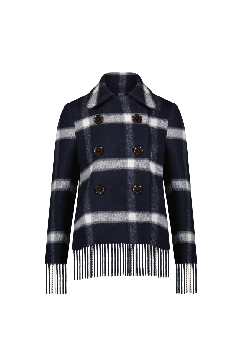Plaid Wool Fringe Detail Peacoat