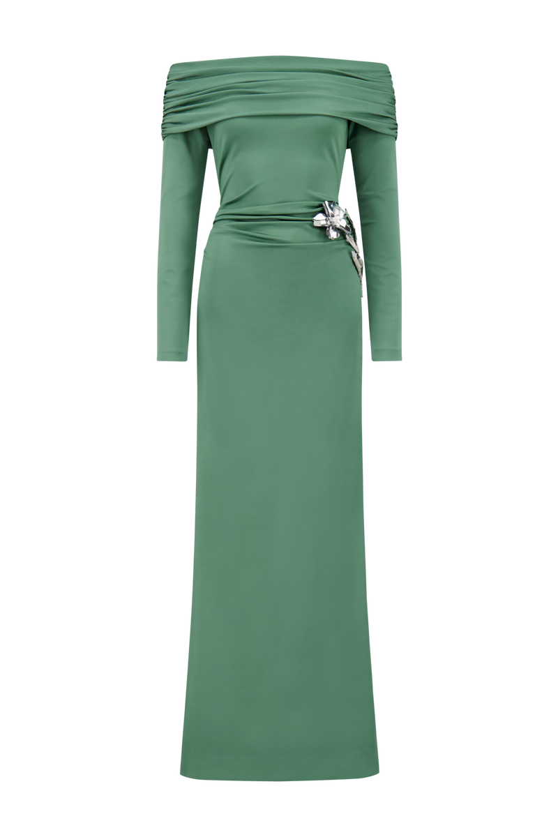 3D Metallic Embroidered Satin Jersey Draped Gown