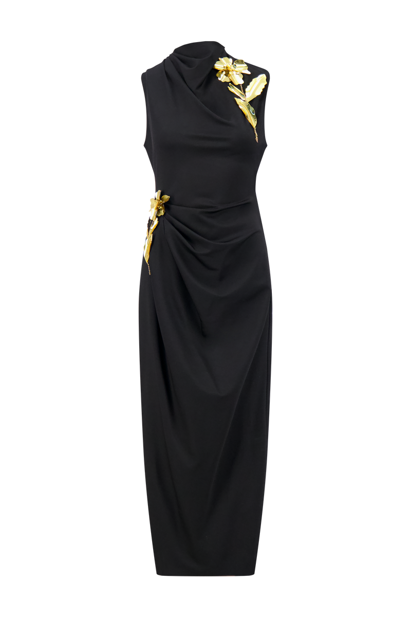 3D Metallic Embroidered Satin Jersey Column Dress