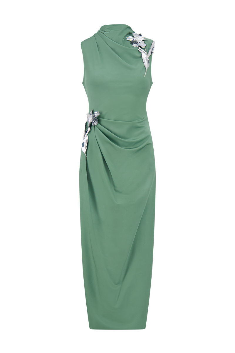 3D Metallic Embroidered Satin Jersey Column Dress