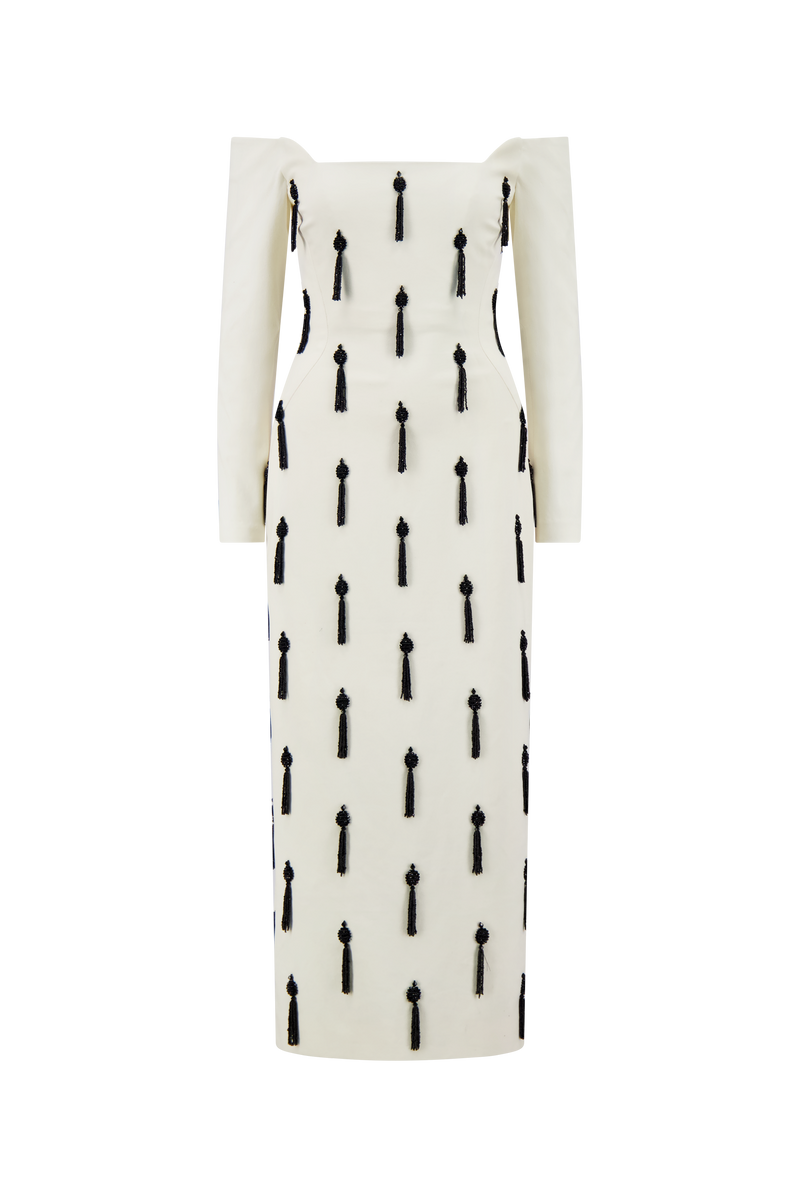 Tassel Embroidered Stretch Cotton Off The Shoulder Dress