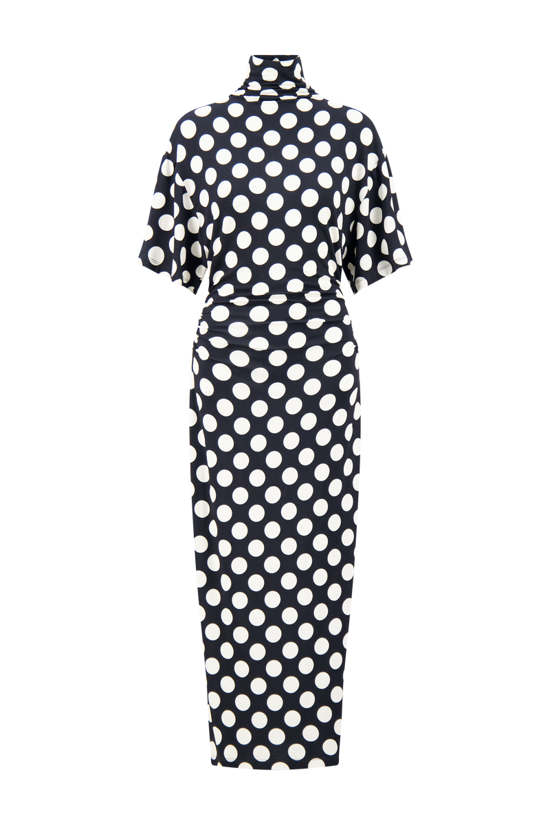 Polka Dot Jersey Turtleneck Dress