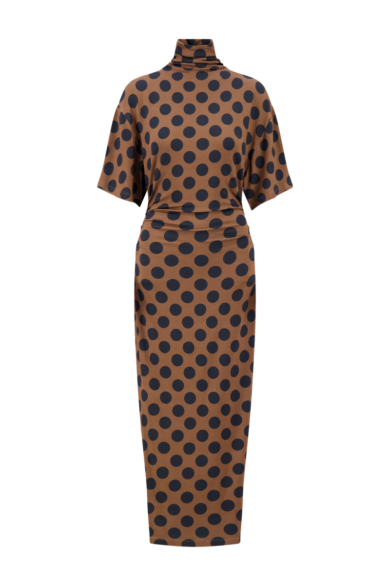 Polka Dot Jersey Turtleneck Dress