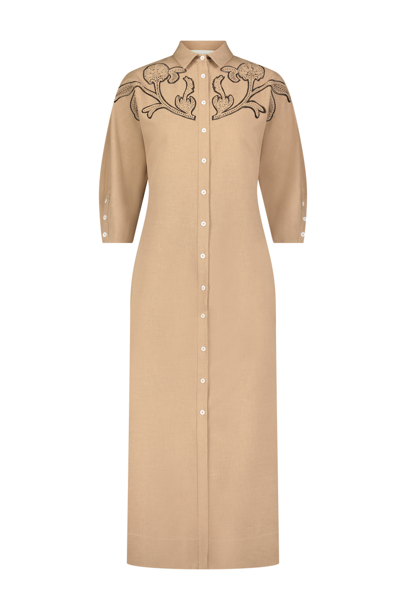 Floral Inlaid Melange Crepe Shirtdress