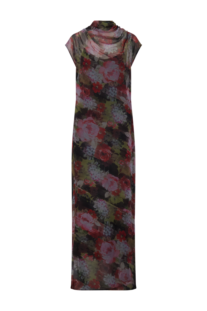 Floral Printed Chiffon Draped Gown
