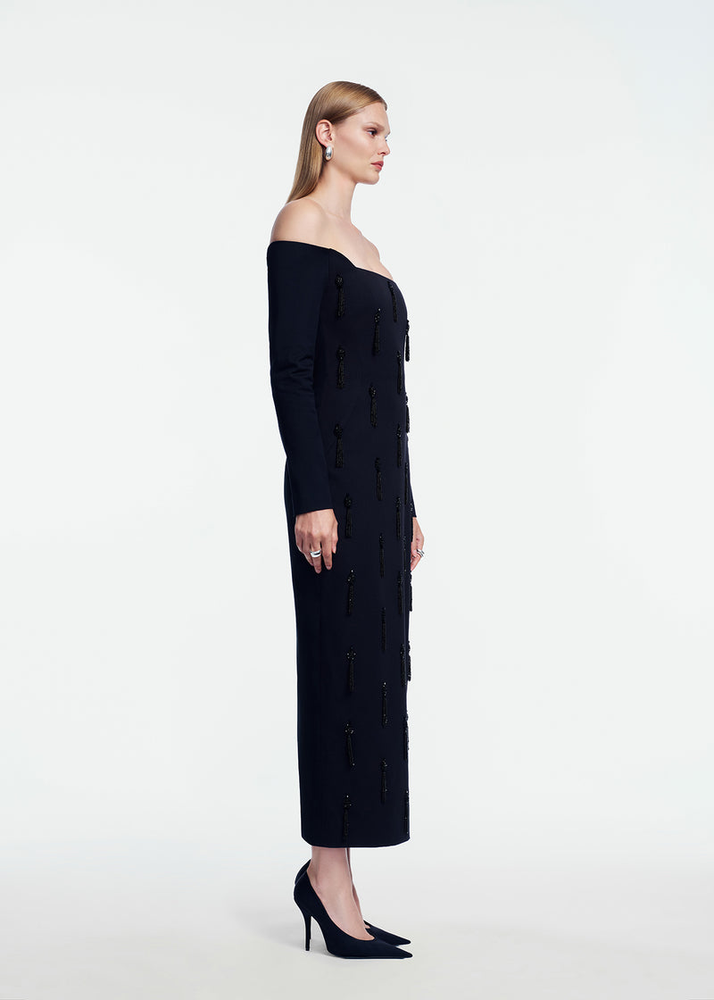Tassel Embroidered Stretch Cotton Off The Shoulder