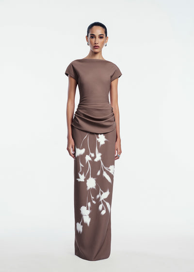 Floral Crepe Boat Neck Gown