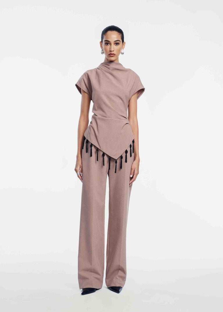 Melange Crepe Tassel Embroidered Top