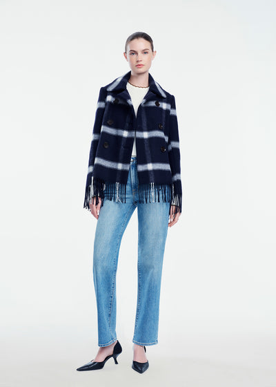 Plaid Wool Fringe Detail Peacoat