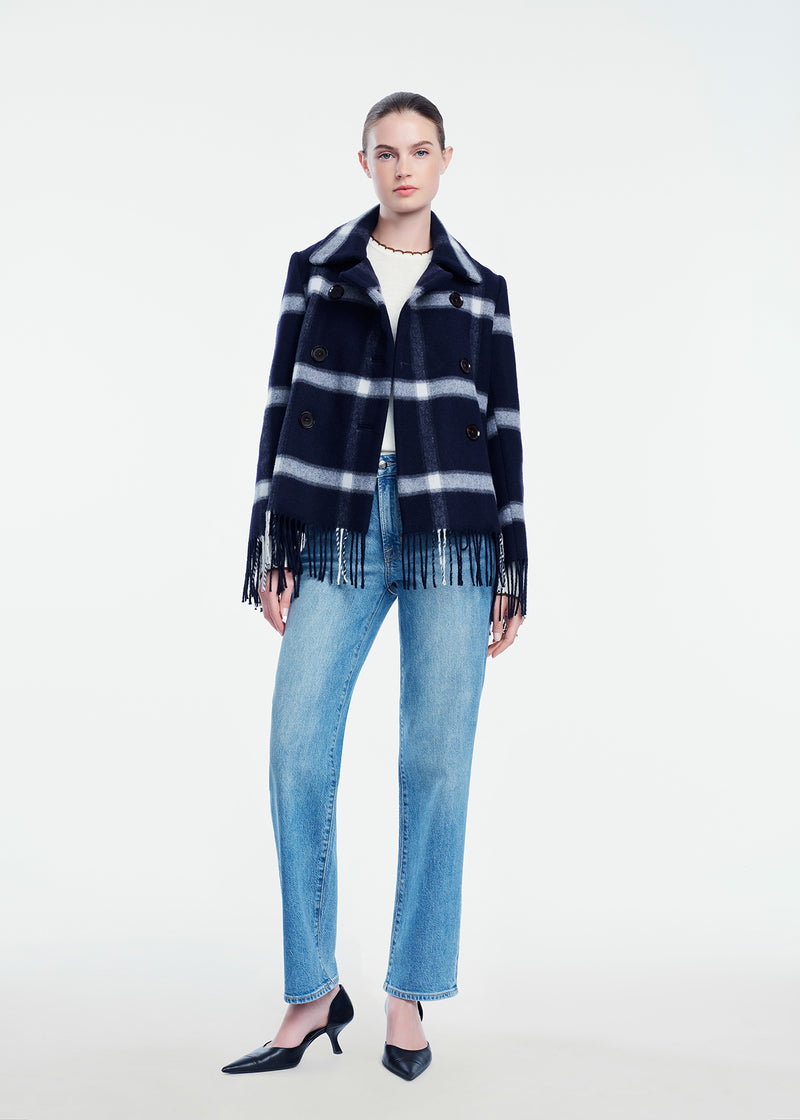 Plaid Wool Fringe Detail Peacoat