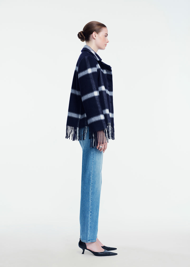 Plaid Wool Fringe Detail Peacoat