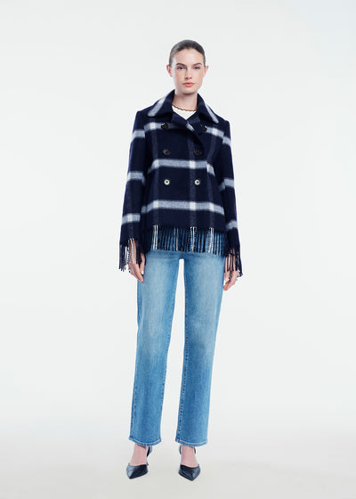 Plaid Wool Fringe Detail Peacoat