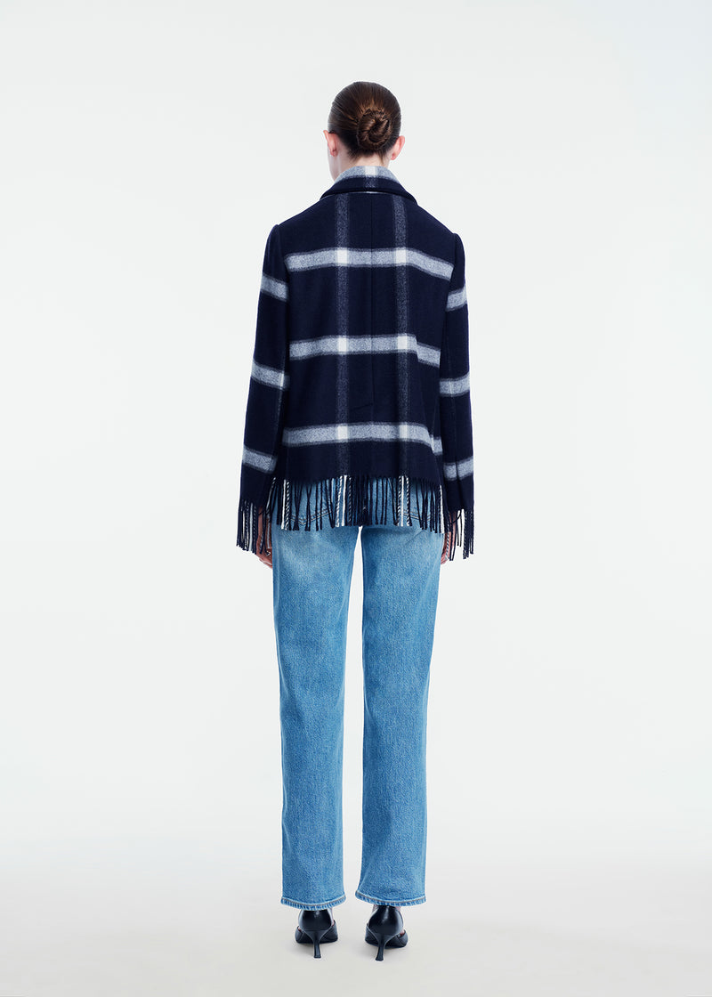Plaid Wool Fringe Detail Peacoat