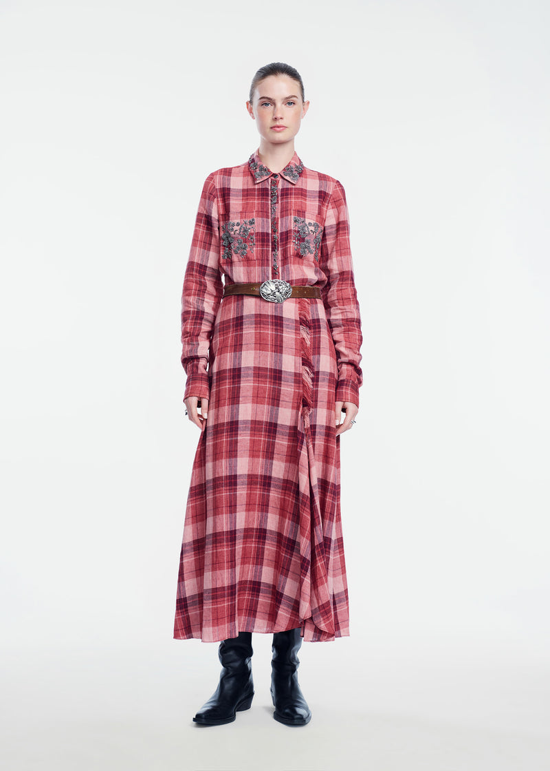 Plaid Linen Metallic Embroidered Shirt
