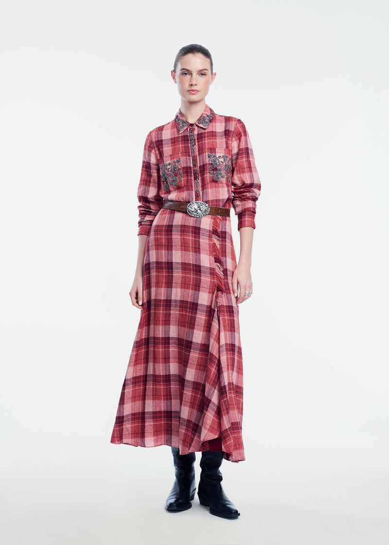 Plaid Linen Metallic Embroidered Shirt