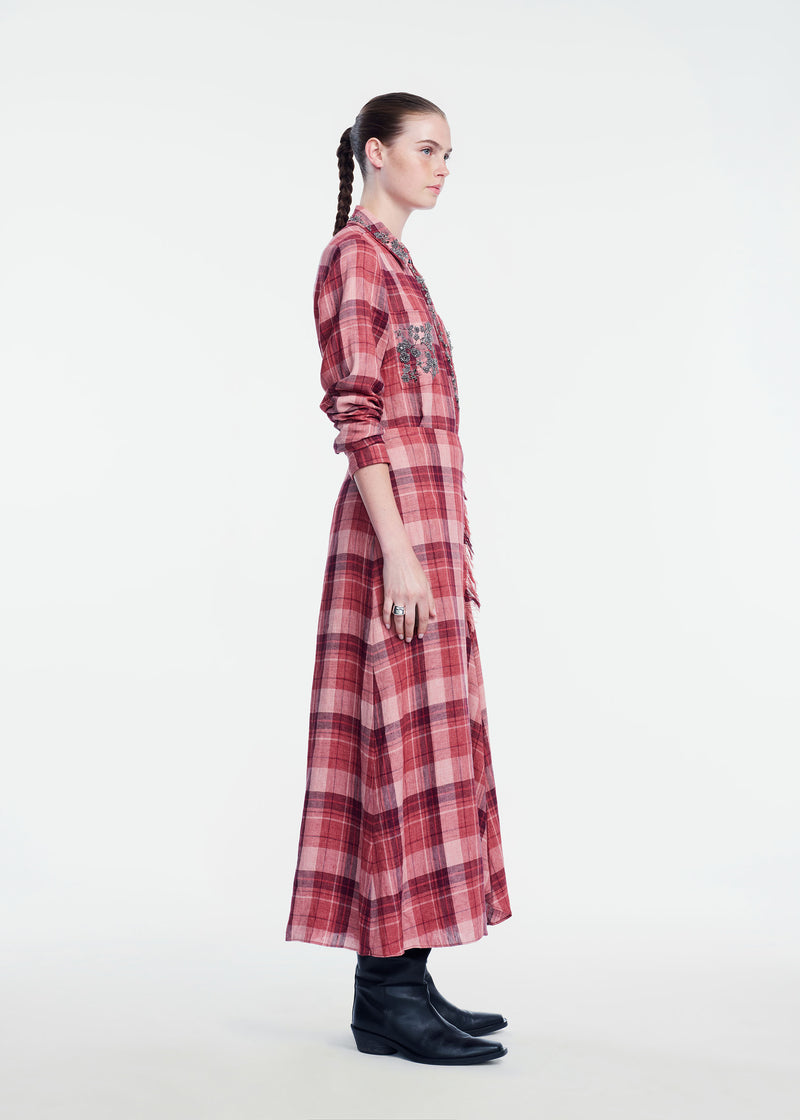 Plaid Linen Metallic Embroidered Shirt