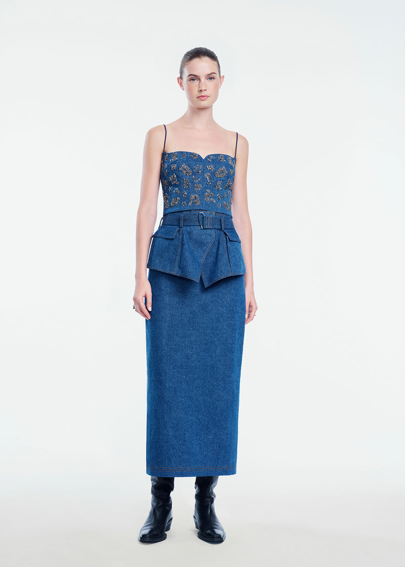 Denim Metallic Embroidered Bustier