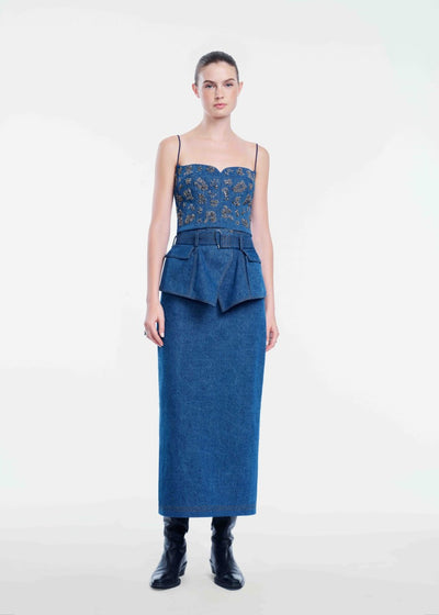 Denim Metallic Embroidered Bustier