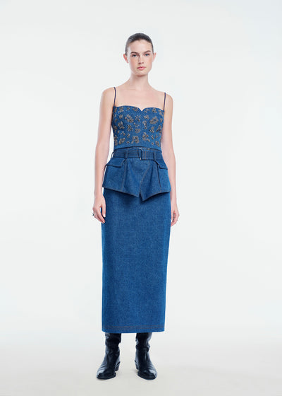 Denim Belted Pencil Skirt