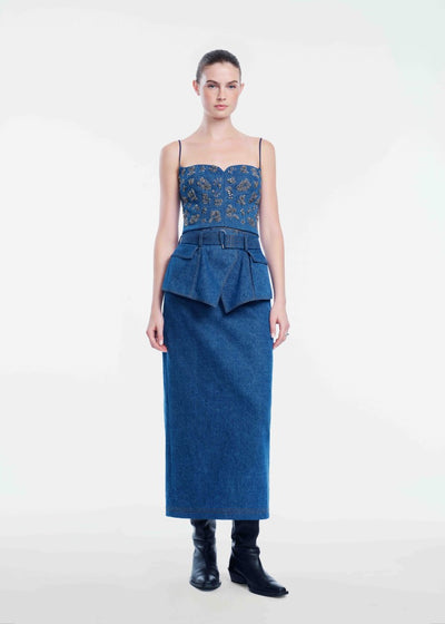 Denim Metallic Embroidered Bustier
