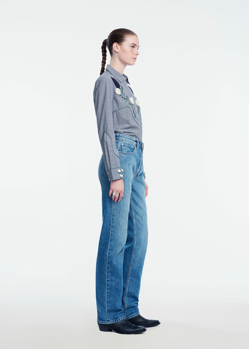 Ribbon Embroidered Mini Check Cotton Shirt