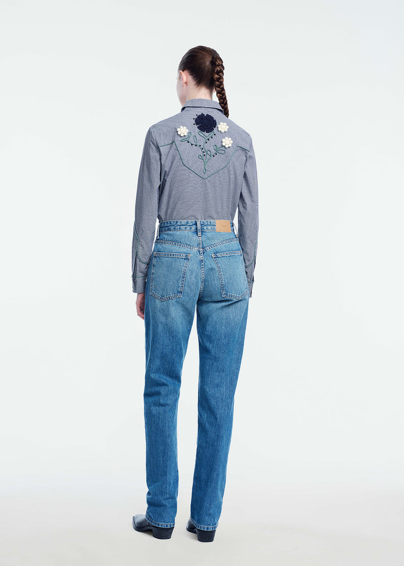 Ribbon Embroidered Mini Check Cotton Shirt