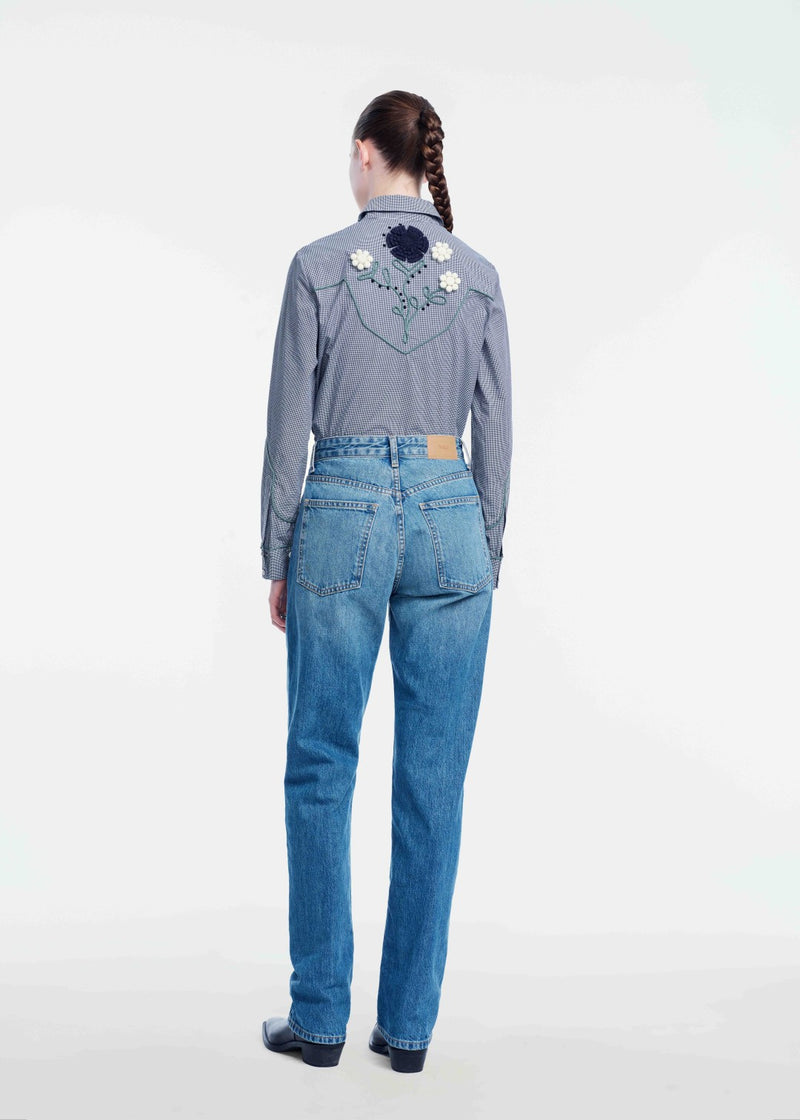 Ribbon Embroidered Mini Check Cotton Shirt